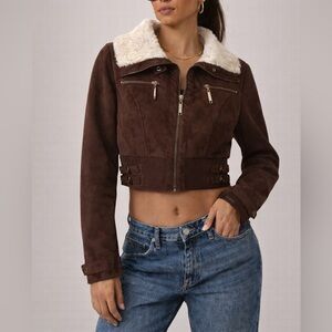 Y2K JouJou Brown Faux Shearling Cropped Bomber Jacket Moto Style Small
